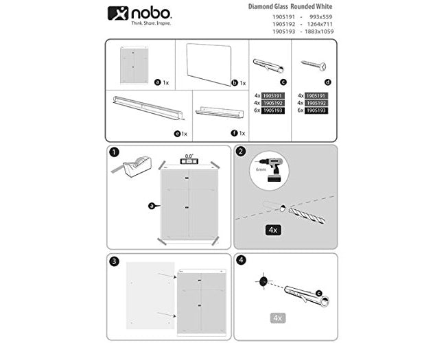 Quadro branco diamond cristal, magnético, esquinas redondas 993x559mm.