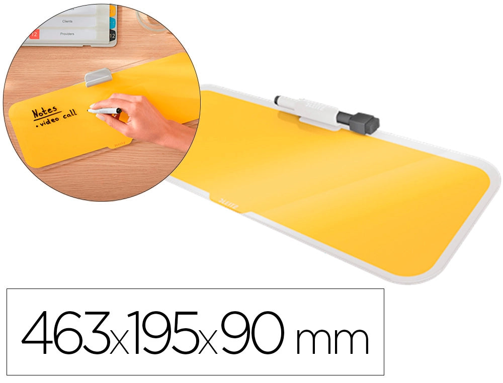 Quadro branco de vidro leitz cosy, para secretária, com marcador e apagador, cor amarelo 150x60x380mm